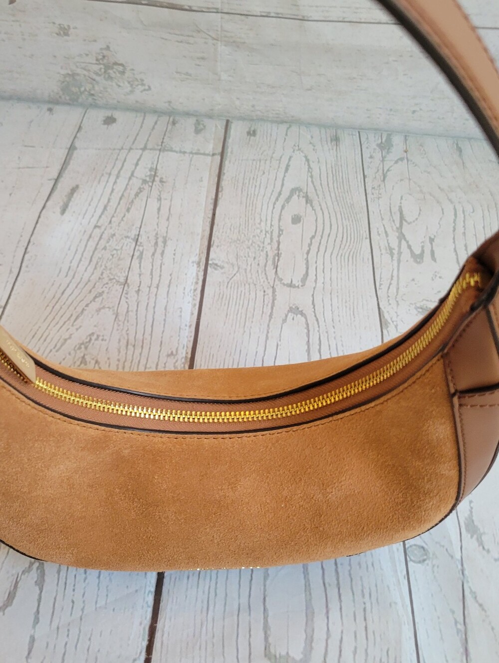 Michael Kors Tan Preston Suede and Leather Crescent Shoulder Bag - Picture 6 of 9